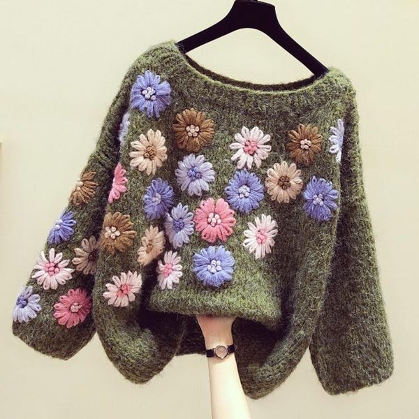 

handmade sweater women 2021 autumn winter keep warm army green sweaters o neck long loose sleeve pullovers flowers women's, White;black
