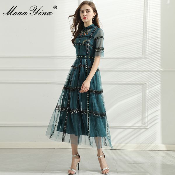 

fashion designer summer elegant party dress women turn-down collar high waist stripe embroidery vintage mesh 210524, Black;gray