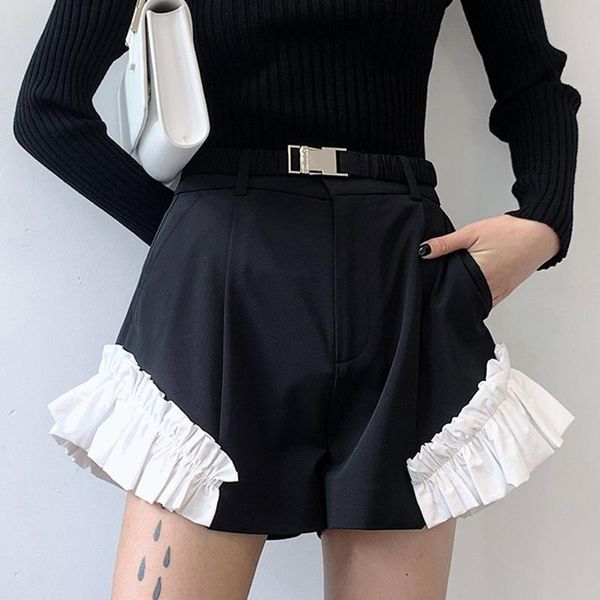 

women's shorts [ewq] black stitching design trendy clothing european vacation summer 2021 high waist short hem pleated 16w869, White;black