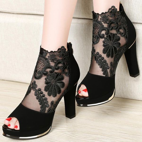 

drop 2021 high-heeled shoes with coarse gauze lace fish mouth sandals women, Black