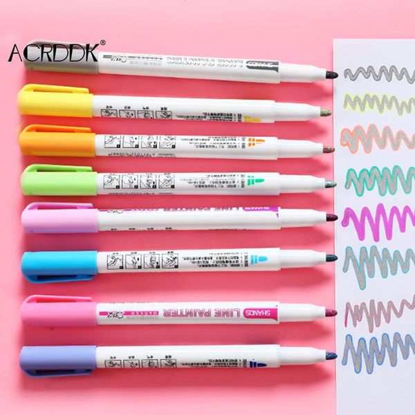 

highlighters 8 pcs double line contour pen color marker student stationery set df, Black;red