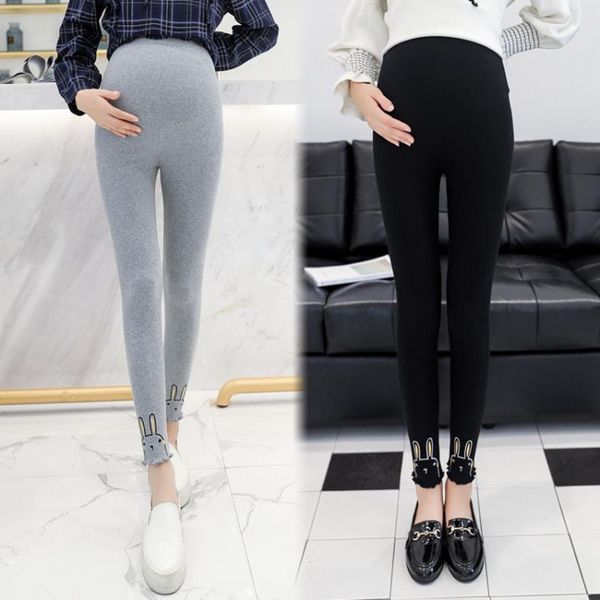 

maternity bottoms 2021 spring and autumn stomach lift wild cotton pit strip leggings embroidery fashion nine-point pants trousers, White