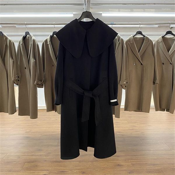 

women's wool & blends in korea winter long cashmere coat double sides petal collar for women flyr128, Black