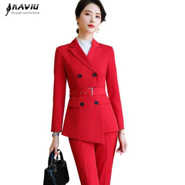 Fashion Business Red Pants Suit Donna Temperamento Doppiopetto manica lunga Giacca e pantaloni Office Ladies Abbigliamento da lavoro formale 210604