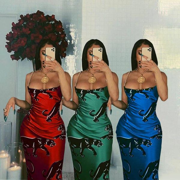 

animal print matel chain elegant silk long maxi dress stap bodycon skinny backless party night club vintage vestidos casual dresses, Black;gray