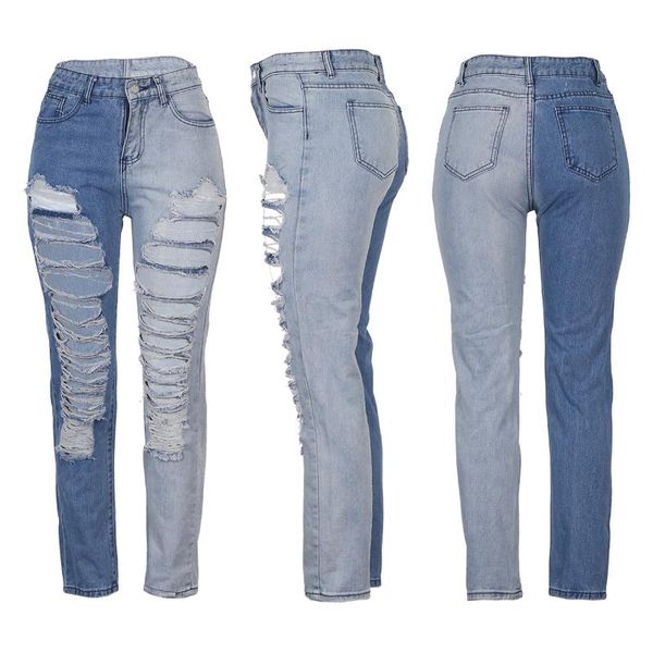 

women casual jeans fashion washed distressed holes hollow out straight ladies high sister spliced denim pants women's, Blue