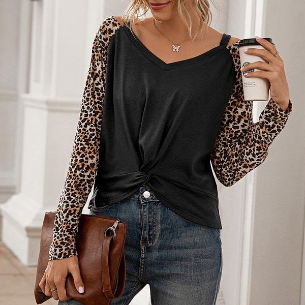 

v neck off shoulder long sleeve leopard print patchwork front twist knot t-shirts spring women tees harajuku y women's t-shirt, White
