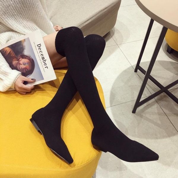 

elastic fabric over the knee women boots autumn winter fashion knitting socks pointed toe flat shoes, Black