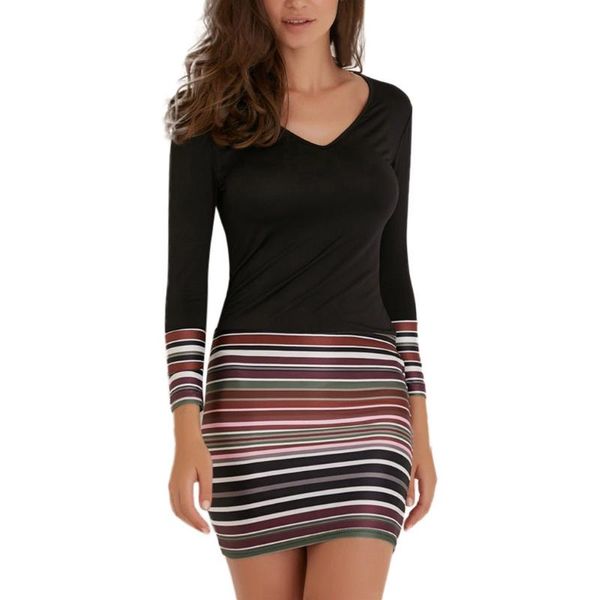 

women's clothing ladies dresses vestidos elegantes womens striped patchwork v-neck long sleeve dress evening party casual, Black;gray