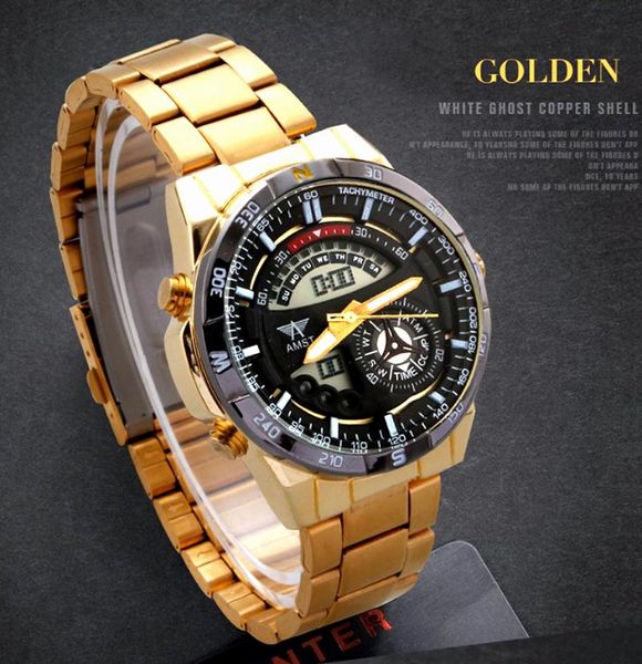 

wristwatches amst mens watches gold plated stainless steel watchband analog digital dual display sport watch men waterproof relogio masculin, Slivery;brown