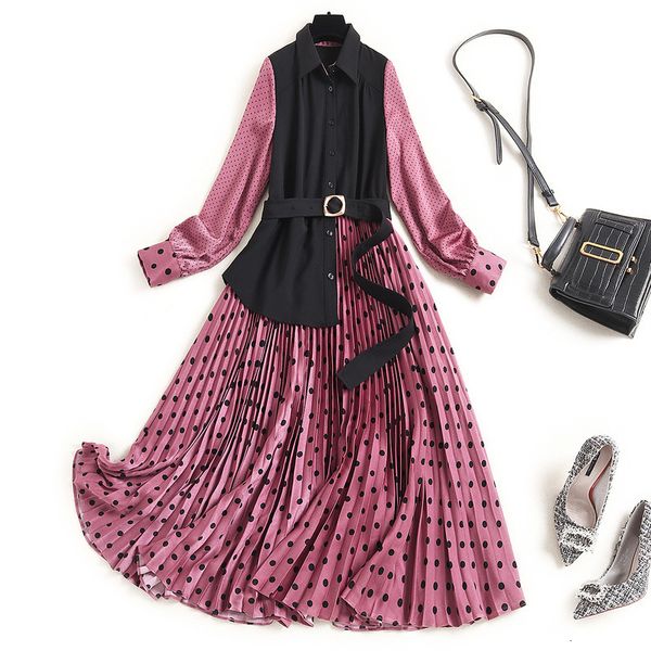 

casual dresses fall winter long sleeve lapel neck pink retro polka dot panelled belted mid-calf dress elegant on0190017 k869, Black;gray