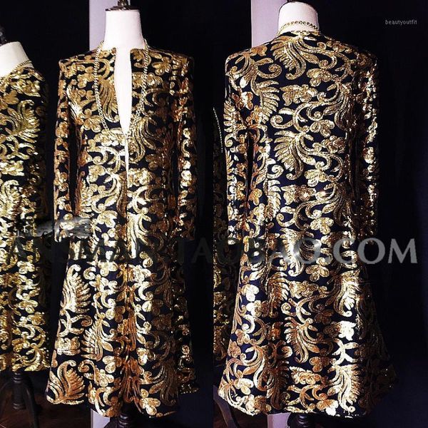 

men's trench coats european and american personality custom made men singer dj high-end gold totem embroidery long umbrella jacket cost, Tan;black