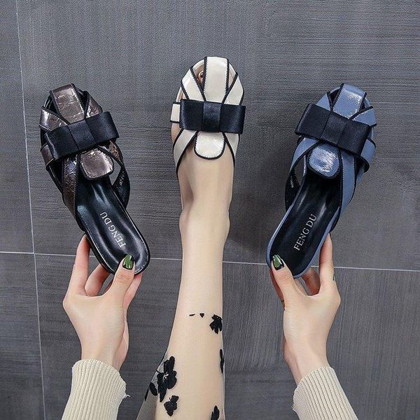 

fretwork heels low loafers female shoes slippers flat cover toe slides 2021 summer pu rubber fabric basic patent leather sewing, Black