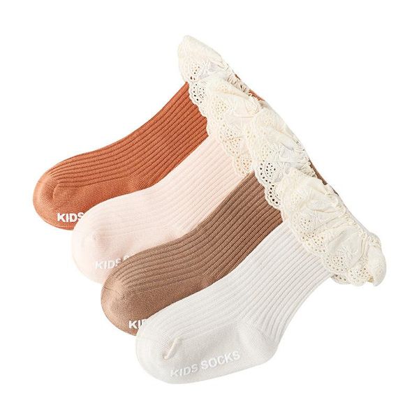 

baby socks girl born kid knee high lace toddler anti slip cotton spring autumn infant long for 0-3 year, Pink;yellow