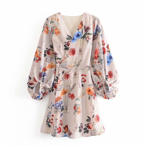 

women dress floral print sashes v-neck long sleeves vintage above knee female casual fashion clothes dresses, Black;gray