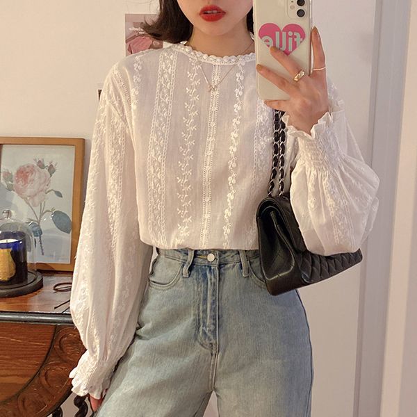 

sweet white shirt korean style long sleeve blouses lace patchwork womens and blouse (f3753) 210423