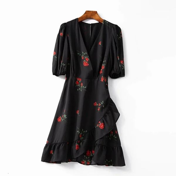 

dress women's rose flower printed dress v-neck ruffles puff sleeve female robes, Black;gray