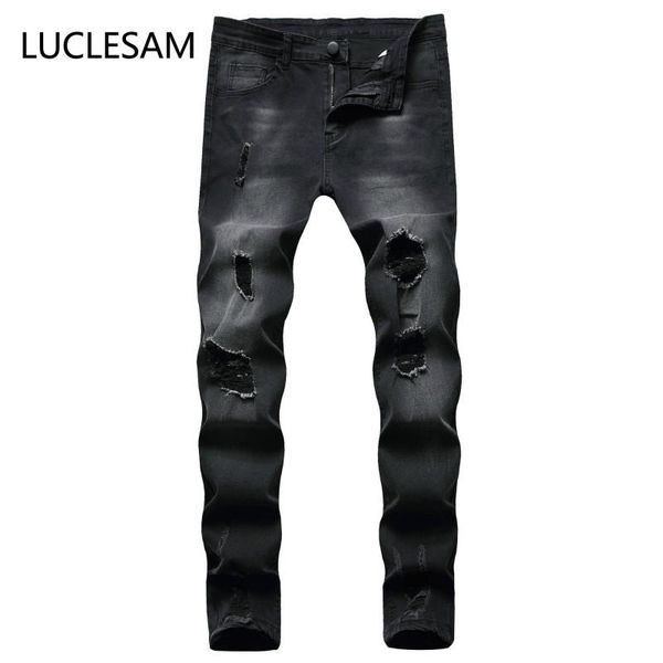 

cool designer mens stretch destroyed jeans brand skinny ripped denim trousers casual slim hip hop pencil pants with holes men's, Blue