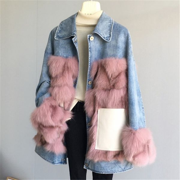 

women's down & parkas brand 2021 winter jacket women real fur coat natural fox loose denim white duck filled short parks ogi3, Black