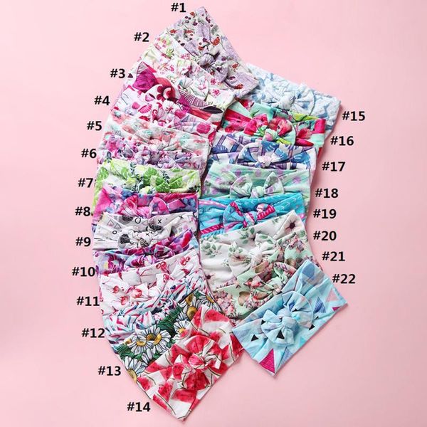 

1pc floral print nylon baby headbands bowknot bow head wraps wide turban headband girls hair accessories, Slivery;white