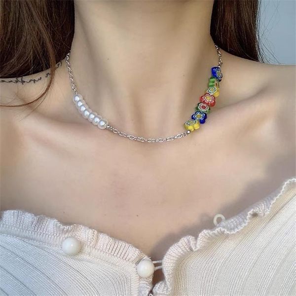 

chokers trendy imitation pearl necklace flower choker for women girls female bohemian handmade jewelry summer beach collar, Golden;silver