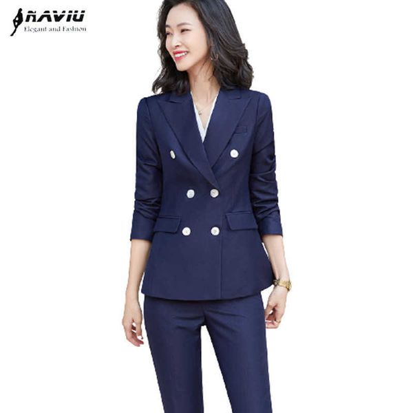 

high end business suit spring temperament forma slim blazer and pants office ladies fashion work wear navy blue 210604, White;black