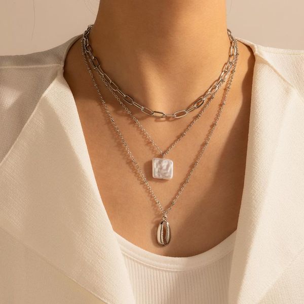 

vintage silver color shell pendant necklace for women multilayer irregular pearl sweater chain jewelry party gift collar necklaces