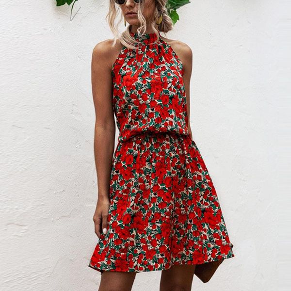 

casual dresses summer halter floral print mini dress 2021 vintage sleeveless beach party short for women high street, Black;gray