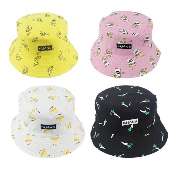 

couple summer harajuku panama bucket hat banana french fries print wide brim sun visor hip-hop reversible fisherman cap caps & hats, Yellow