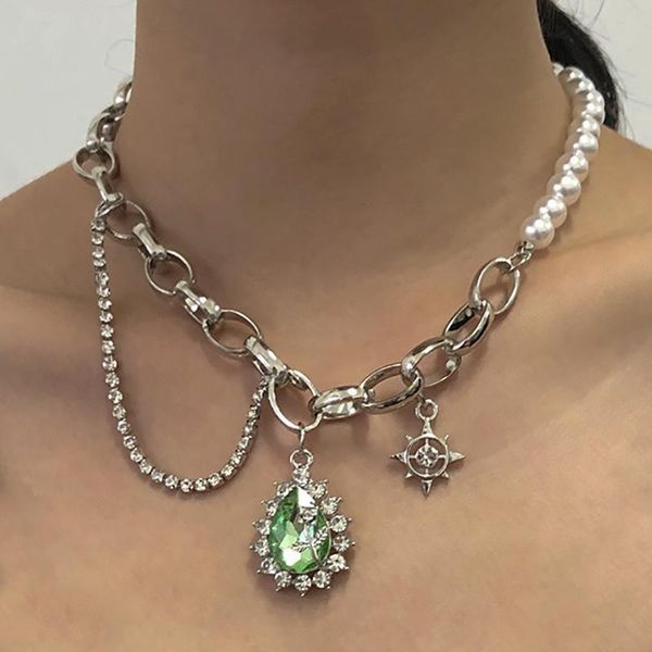 

goth chain pearl necklace for women baroque metal charm crystal heart pendants necklaces choker neck jewelry chains, Silver