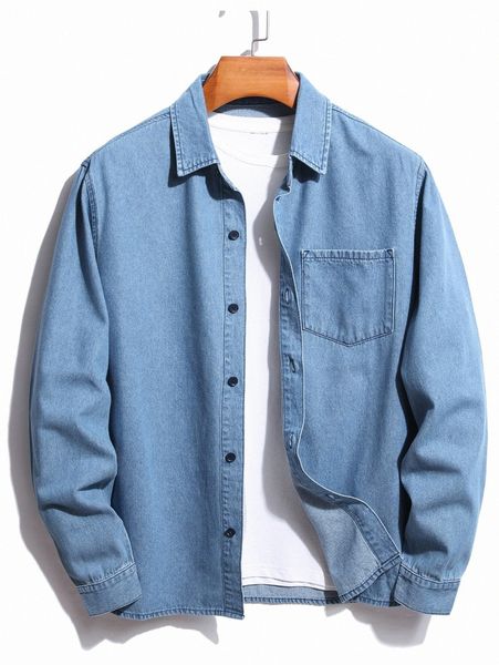 

men patched pocket denim shirt without tee n3wl#, Blue