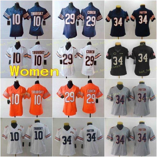 

womens chlcago ladies bedr 10 mitchell trubisky 29 tarik cohen 34 walter payton blue white orange stitched football jerseys, Black;red