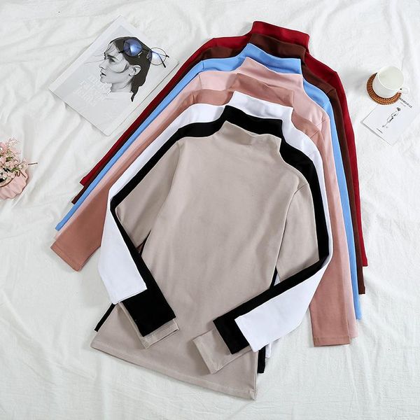

shirt women 2021 tshirt autumn fleece vintage turtleneck plus velvet solid color long sleeve t-shirt women's, White