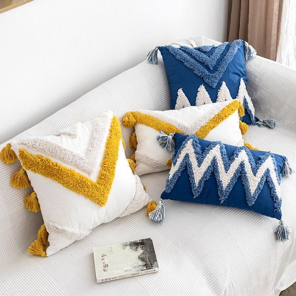 

handmade cushion cover moroccan style abstract navy blue pillowcase tassels fringe square rectangle pillow 45x45cm/30x50cm cushion/decorativ