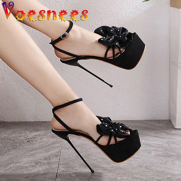 

summer shoes ladies big bow rhinestone sandals women super thin heel 17cm high heels 2021black platform catwalk, Black