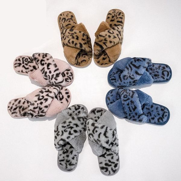 

slippers women shoes 2021 autumn open toe leopard cross female fashion indoor home warm non-slip fur, Black