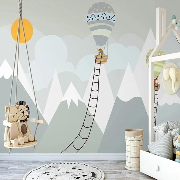 

custom 3d self adhesive wallpaper modern hand painted snow mountain animal air balloon mural children's bedroom waterproof wallpapers