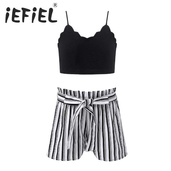 

kids girls clothes set summer casual outfits sleeveless crop camisole tank + stripe shorts teens children clothing sets, White