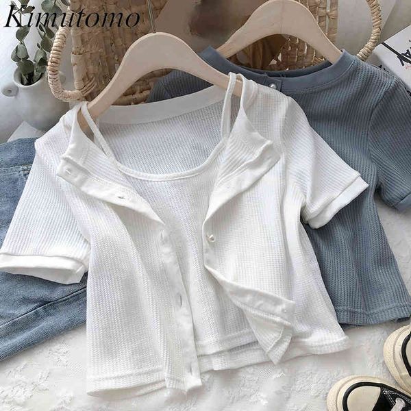 

kimutomo solid female suit thin casual short-sleeved knitted cardigan women summer slim sling vest two-piece set 210521, White