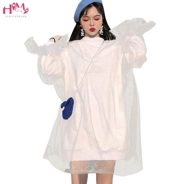

casual dresses women spring oversized loose dress o-neck long sleeve hooded 2021 fashions mesh patchwork warm sweatshirt, Black;gray
