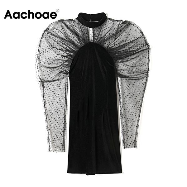 

lace patchwork velvet party women turtleneck bodycon mini dresses transparent long sleeve elegant dress 210413, Black;gray