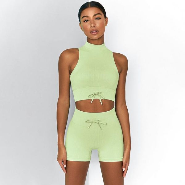 

yoga outfit 2021 set tracksuit women spot goods pure color fitness high neck tank hip shorts suit waist sling sportswear