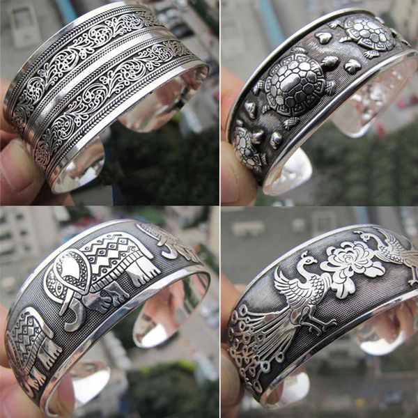 

bangle retro chinese style adjustable antique silver plated tibetan bracelets women cuff presonality bracelet jewelry gift, Black