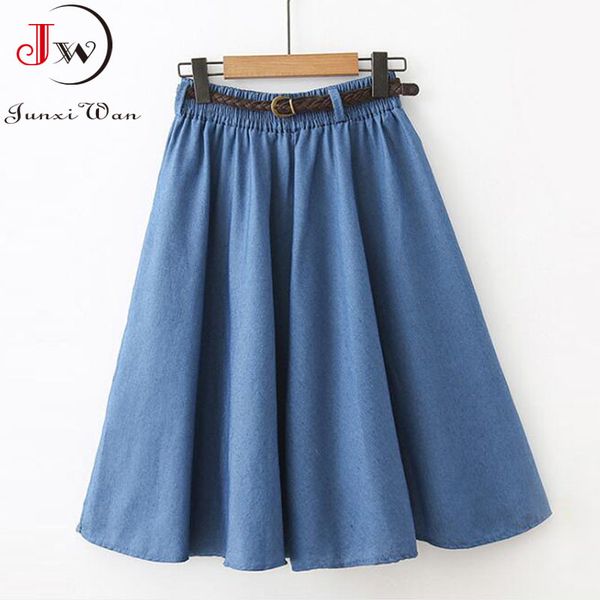 

women casual jeans skirt summer korean preppy style students a-line high waist solid color midi denim faldas saias 210510, Black