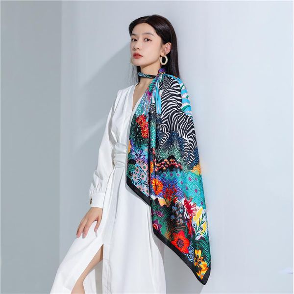 

scarves 2021 headband women 100% silk square scarf lady bandana head wrap shawl satin foulard female large hijab neckerchief, Blue;gray