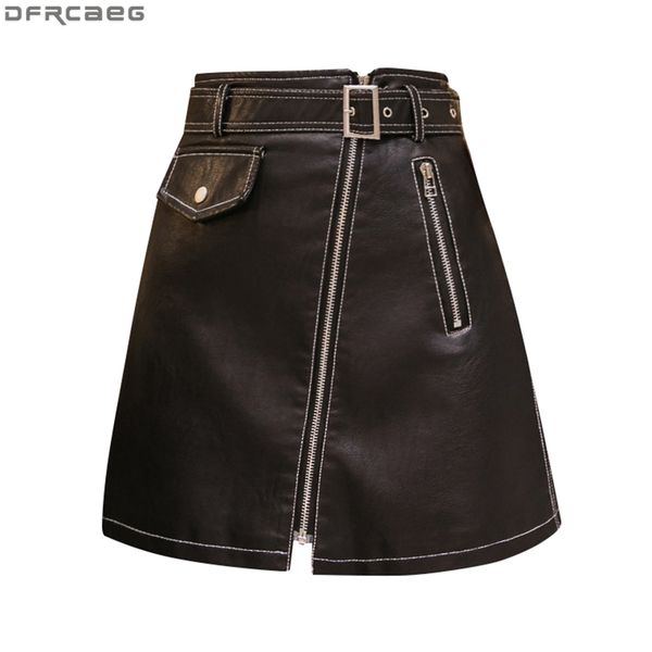 

casual dresses high waist leather skirts for women autumn winter harajuku pu a-line zipper pockets with belt black mini mn73, Black;gray