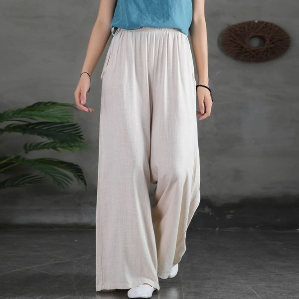 

johnature autumn cotton linen elastic waist drawstring wide leg pants loose leisure full length all-match women pants 210521, Black;white