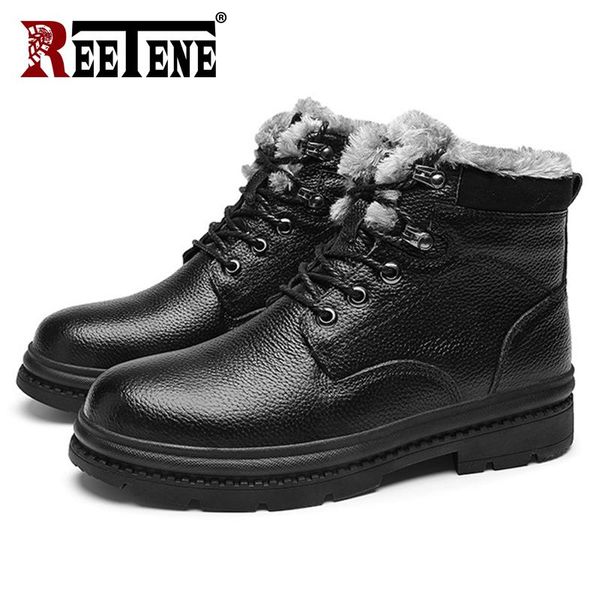 

boots reetene big size warm men casual men's work shoes genuine leather plush comfort male, Black