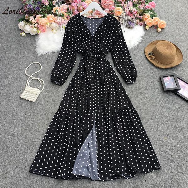 

casual dresses 2021 women's fashion clothing v-neck slim-fit flared sleeves sweet polka dot chiffon ruffles holiday dress women, Black;gray