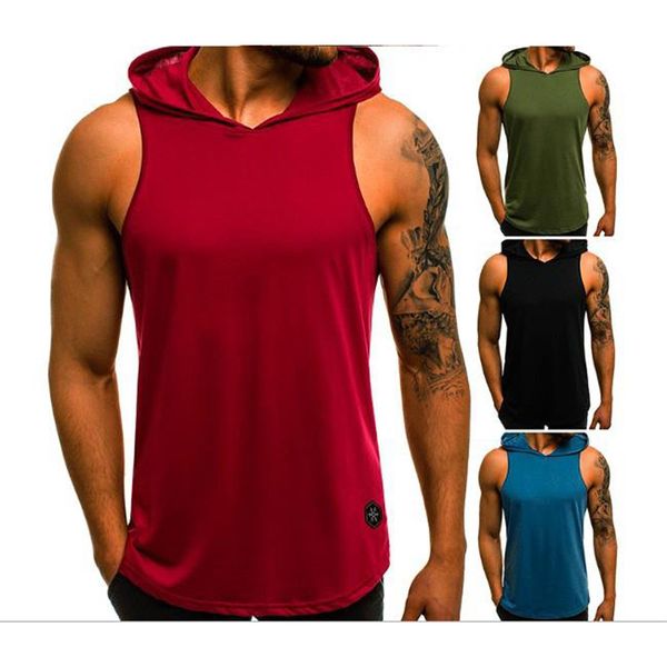 

mens hooded tank fashion solid color t shirt summer running sportswear hiphop streetwear wholesale, White;black